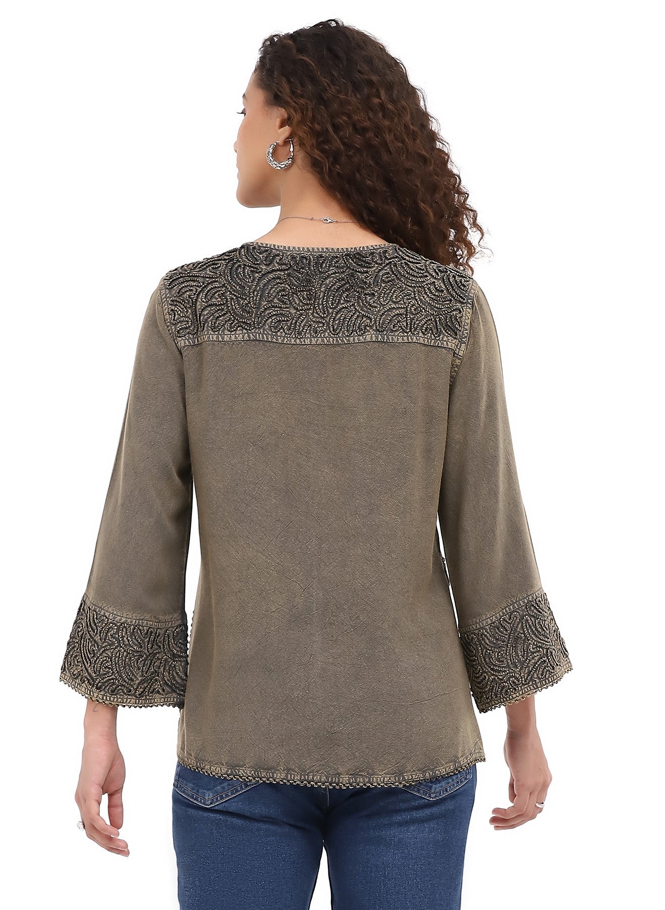 Parsley & Sage 26F590COV OLIVE Embroidered Patchwork Bell Cuff Shirt