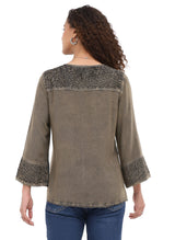 Parsley & Sage 26F590COV OLIVE Embroidered Patchwork Bell Cuff Shirt