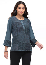 Parsley & Sage 26F590CTL TEAL Embroidered Patchwork Bell Cuff Shirt