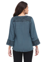 Parsley & Sage 26F590CTL TEAL Embroidered Patchwork Bell Cuff Shirt