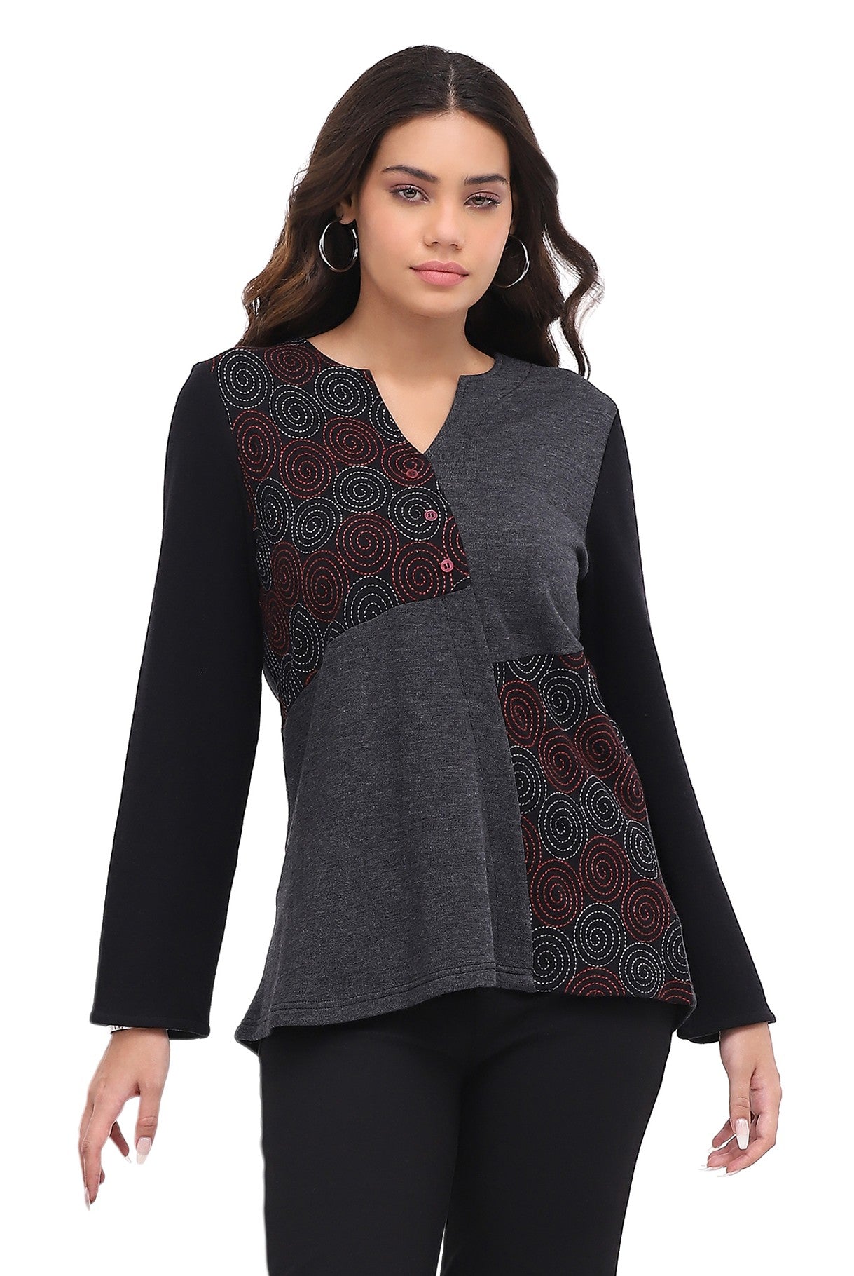 Parsley & Sage 26W211C20 CHARCOAL V-Neck Hi-Low Hem Long Sleeve Flared Top