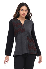 Parsley & Sage 26W211C20 CHARCOAL V-Neck Hi-Low Hem Long Sleeve Flared Top