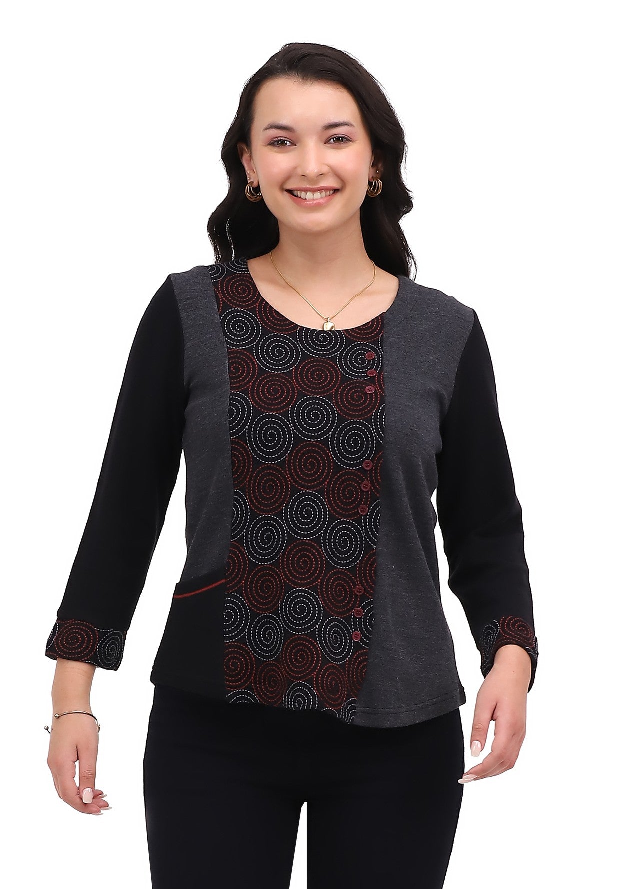 Parsley & Sage 26W211C6 CHARCOAL Short Scoop Neck Long Sleeve Top