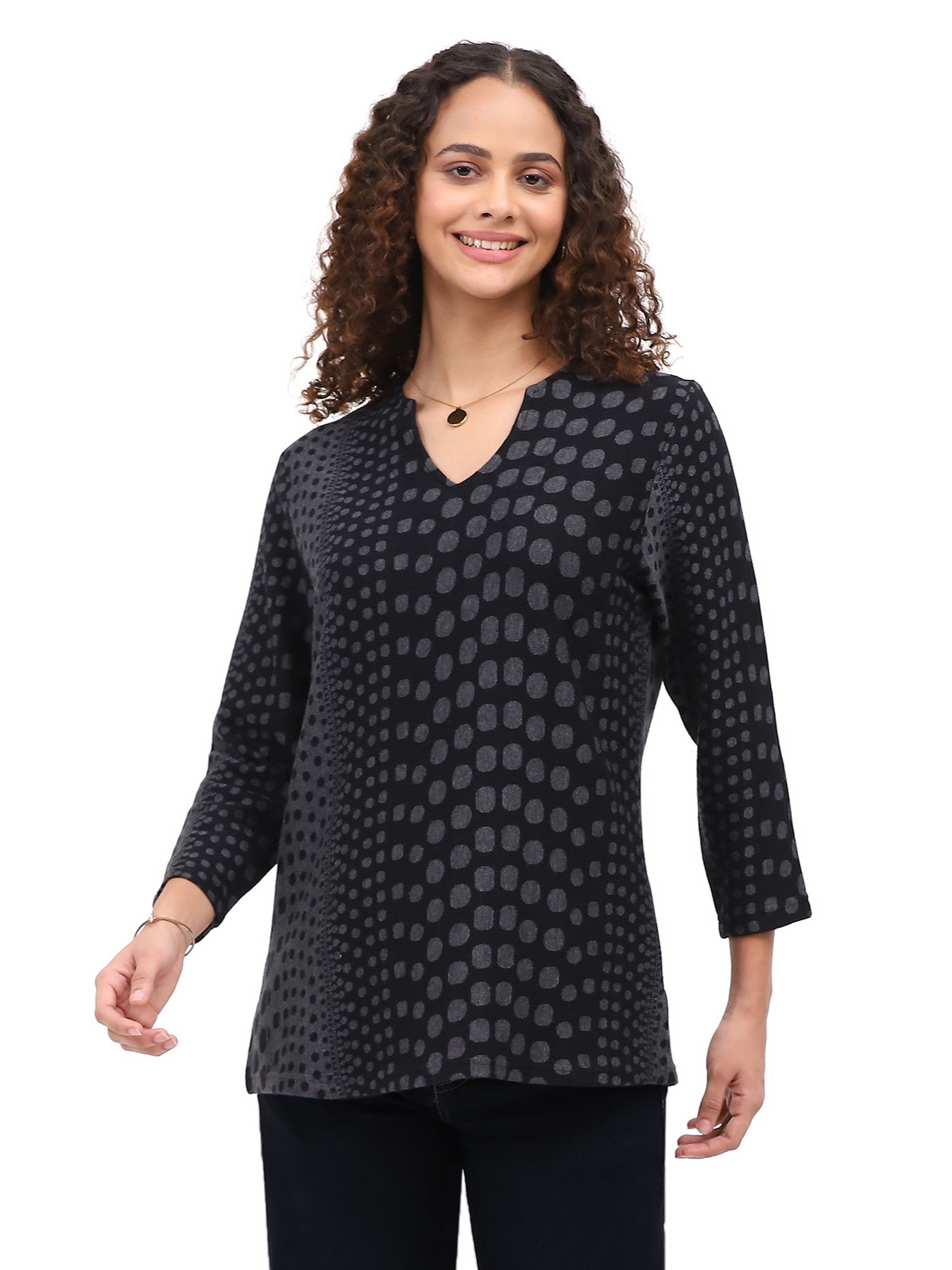 Parsley & Sage 26W243C30 Charcoal & Black Solid & Polka Dot Long Sleeve V-Neck Pullover