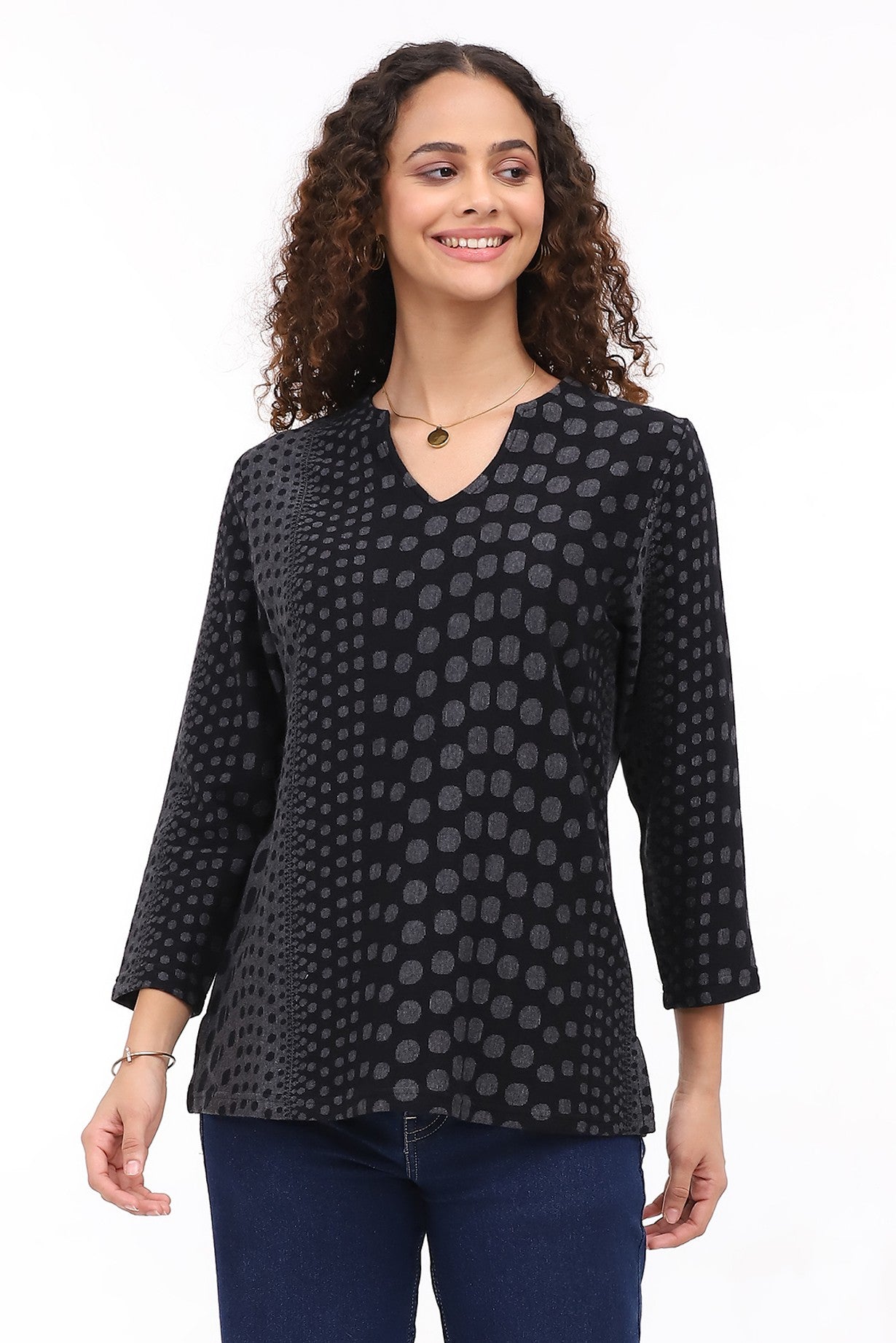 Parsley & Sage 26W243C30 Charcoal & Black Solid & Polka Dot Long Sleeve V-Neck Pullover