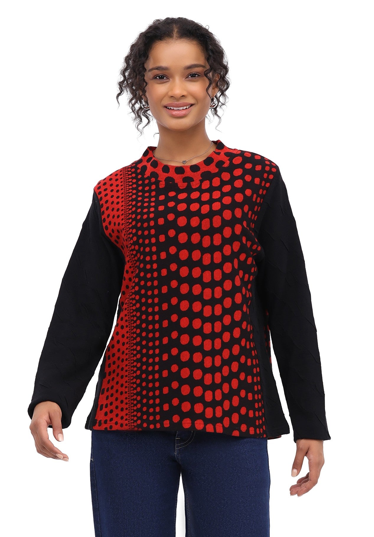 Parsley & Sage 26W243C Red & Black Solid & Polka Dot Long Sleeve Mock Turtleneck Pullover