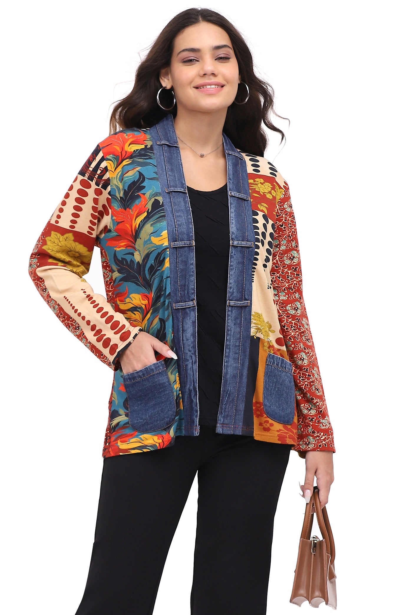 Parsley & Sage 26W252E26 Patchwork Jacket With Denim Trim & Two Pockets