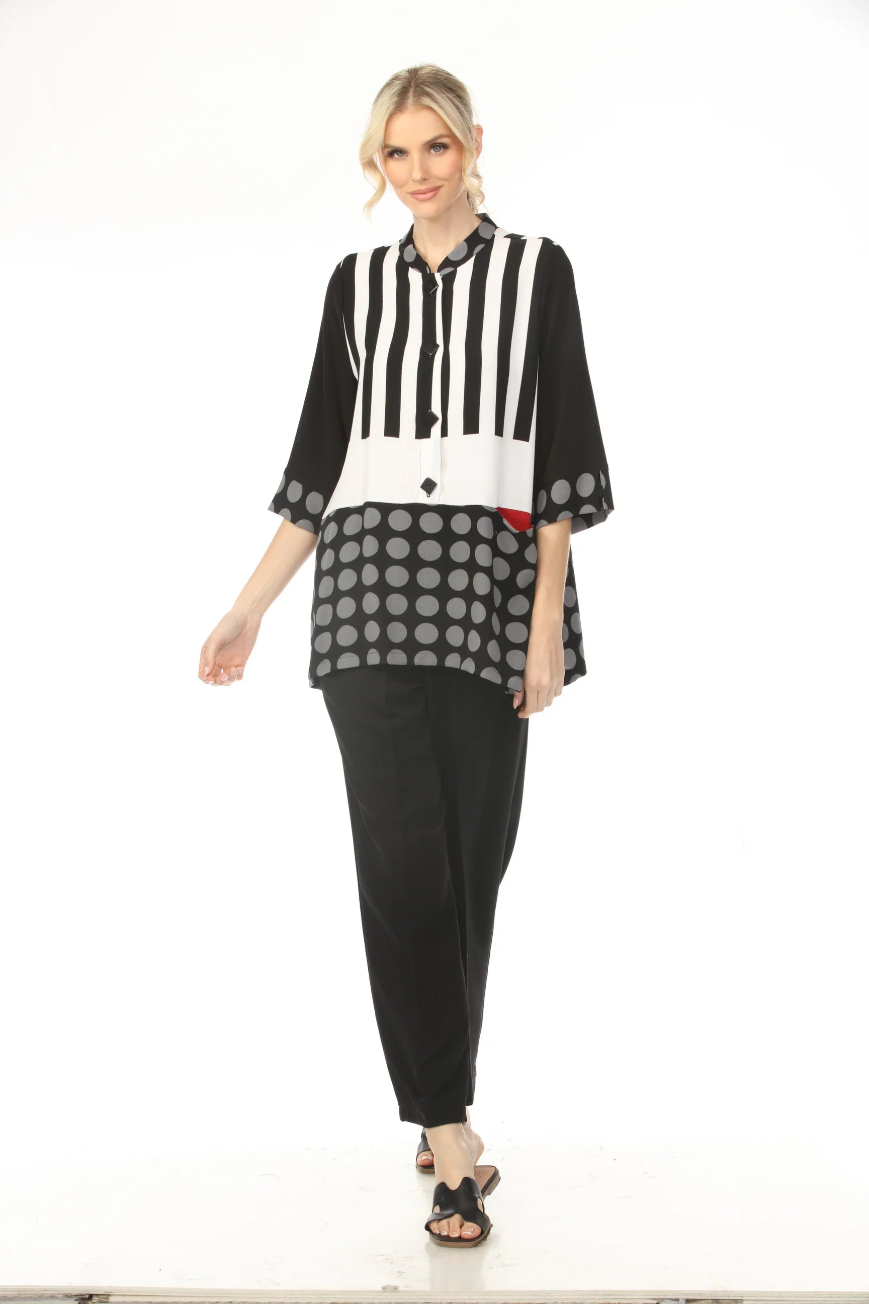 Moonlight 2742 Black White & Grey Polka Dot and Striped Blouse