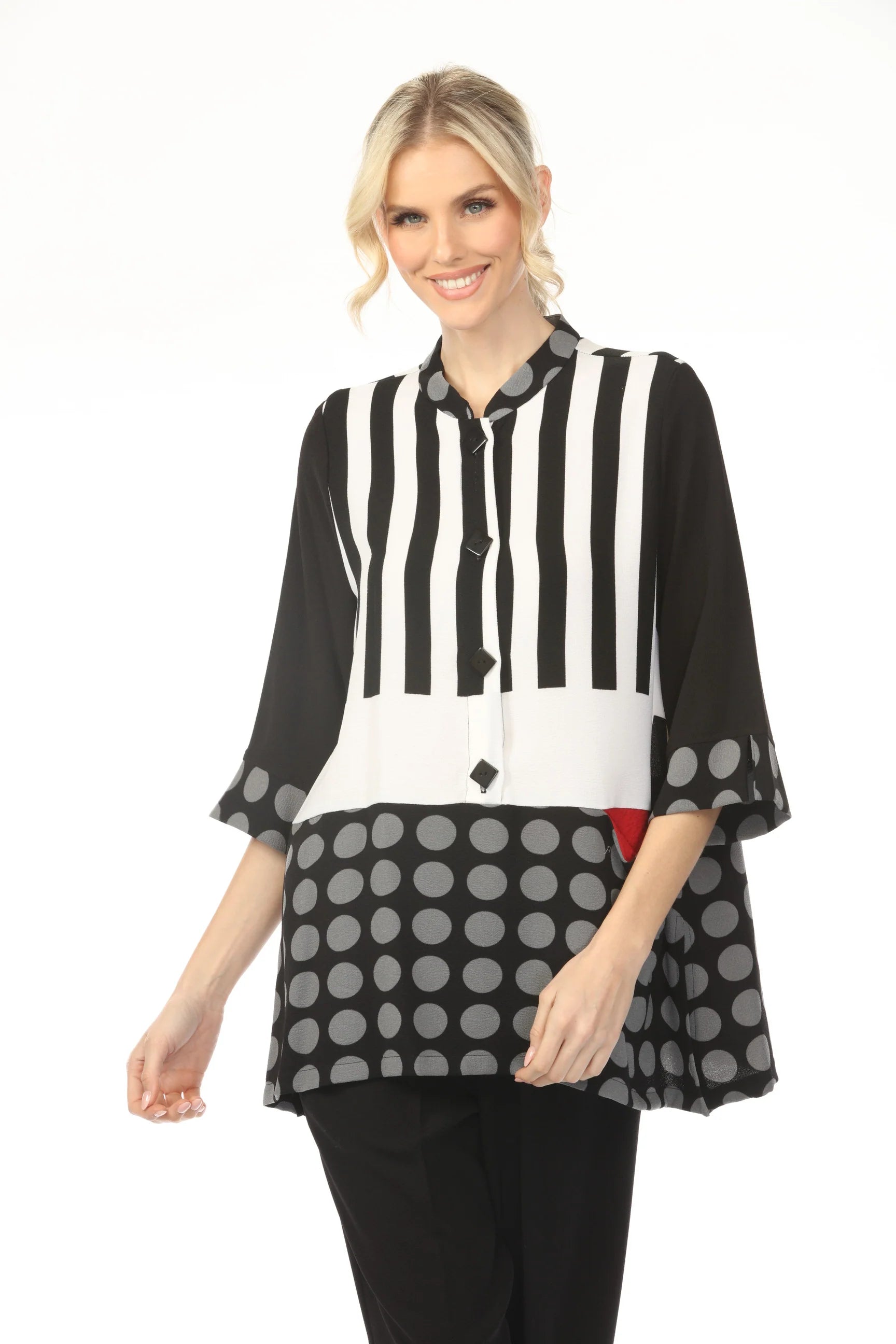 Moonlight 2742 Black White & Grey Polka Dot and Striped Blouse