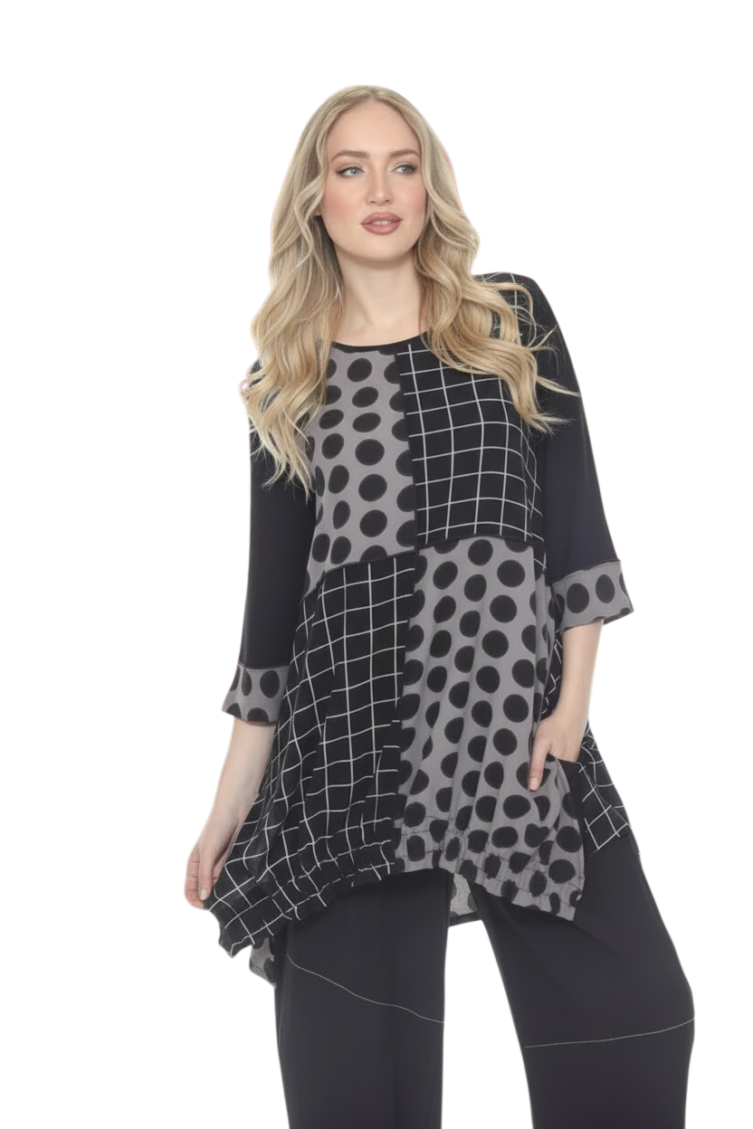 Moonlight 2926 Black & Grey Polka Dot & Plaid Patch 3/4 Sleeve Swing Tunic