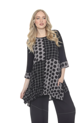Moonlight 2926 Black & Grey Polka Dot & Plaid Patch 3/4 Sleeve Swing Tunic