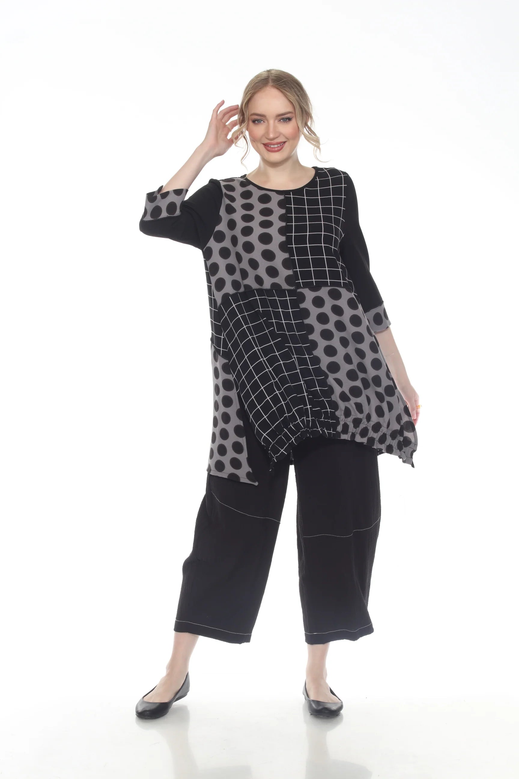 Moonlight 2926 Black & Grey Polka Dot & Plaid Patch 3/4 Sleeve Swing Tunic