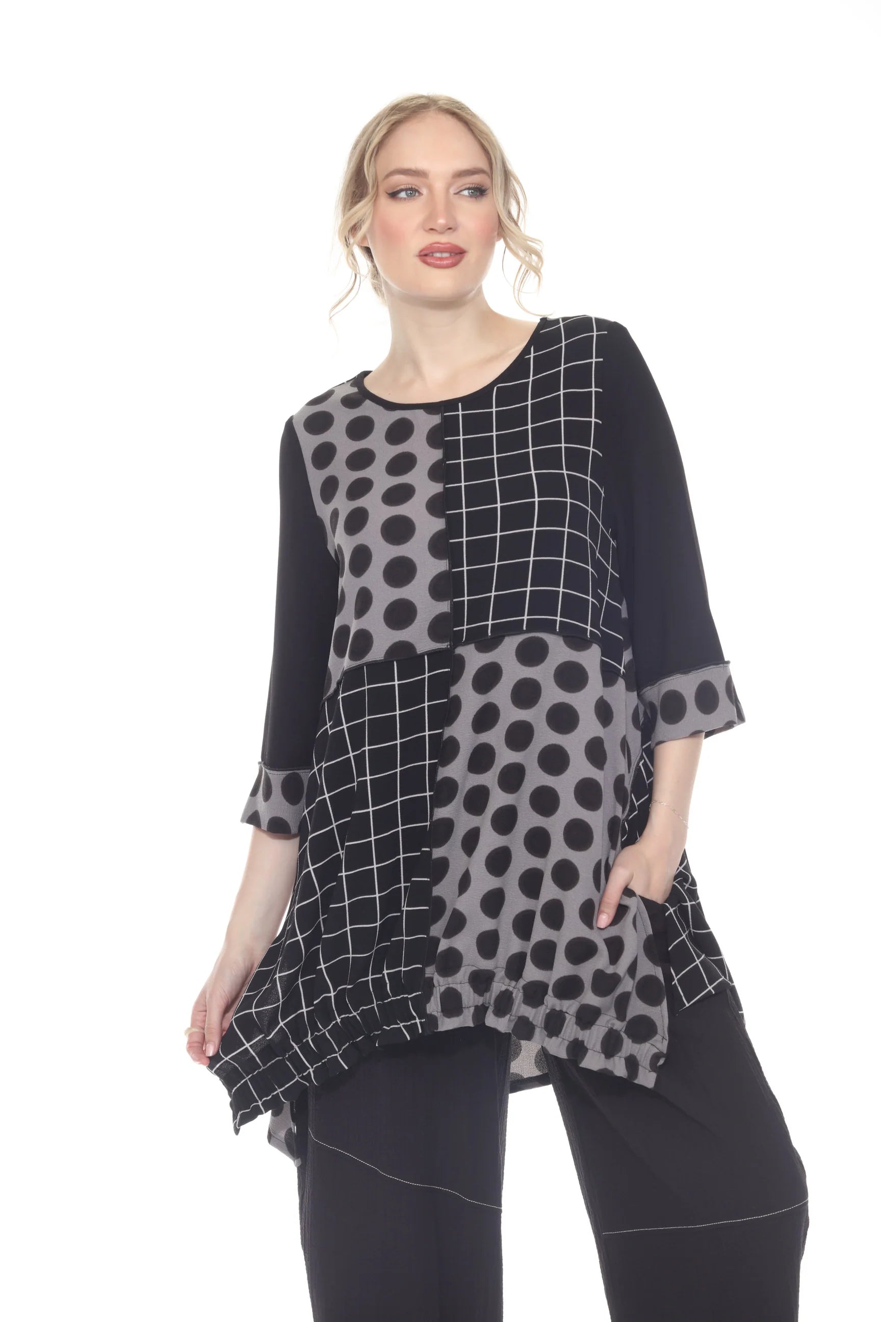 Moonlight 2926 Black & Grey Polka Dot & Plaid Patch 3/4 Sleeve Swing Tunic