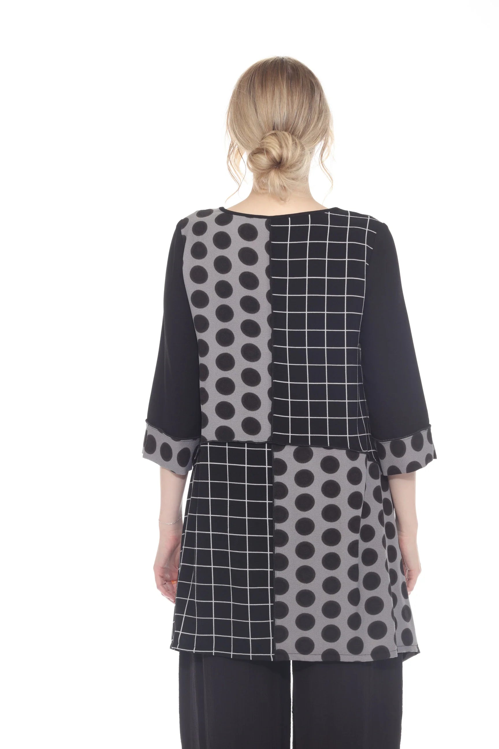 Moonlight 2926 Black & Grey Polka Dot & Plaid Patch 3/4 Sleeve Swing Tunic