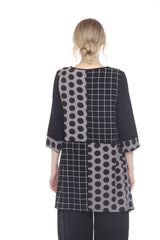 Moonlight 2926 Black & Grey Polka Dot & Plaid Patch 3/4 Sleeve Swing Tunic