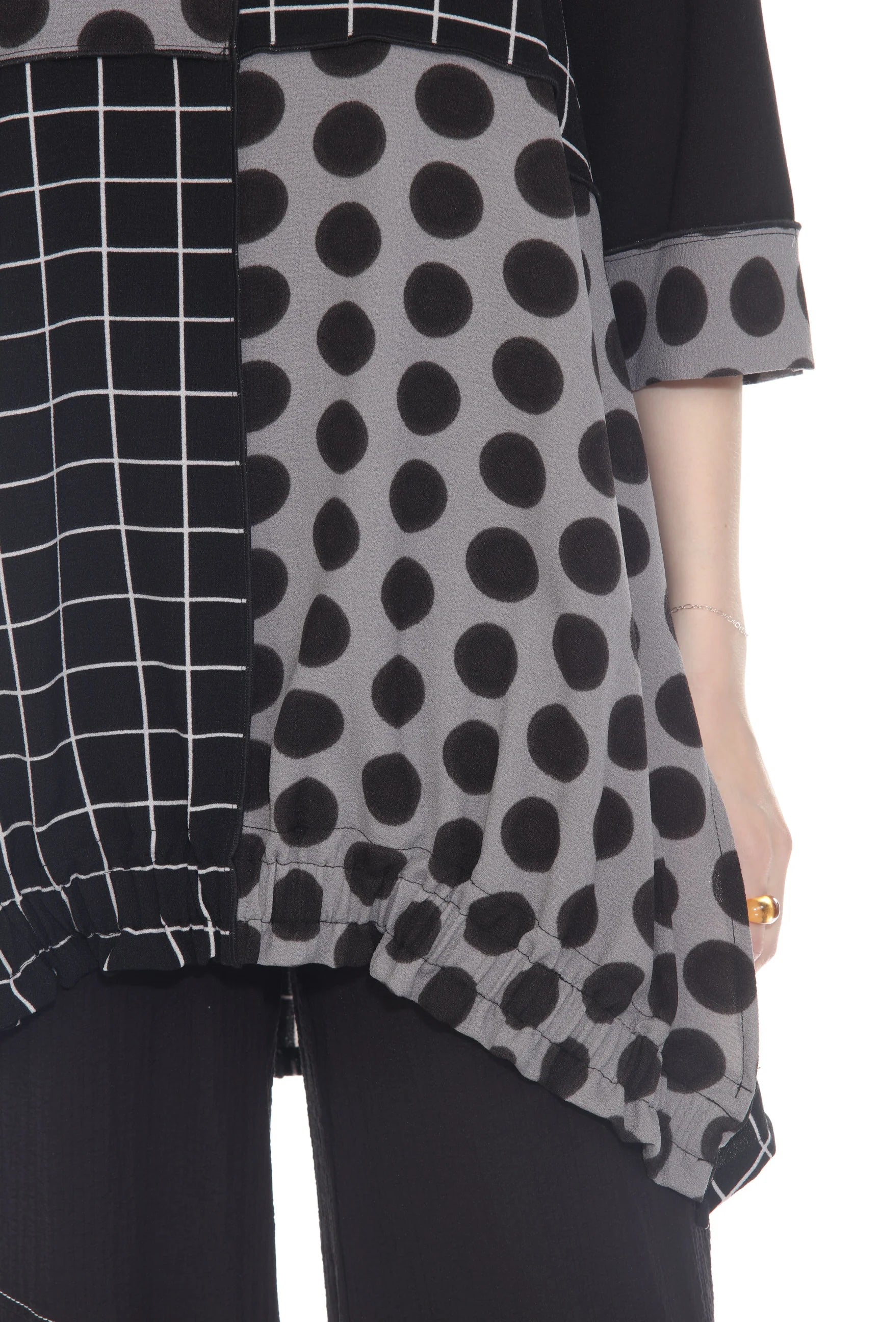 Moonlight 2926 Black & Grey Polka Dot & Plaid Patch 3/4 Sleeve Swing Tunic