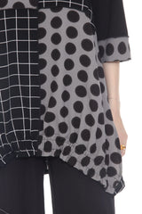 Moonlight 2926 Black & Grey Polka Dot & Plaid Patch 3/4 Sleeve Swing Tunic