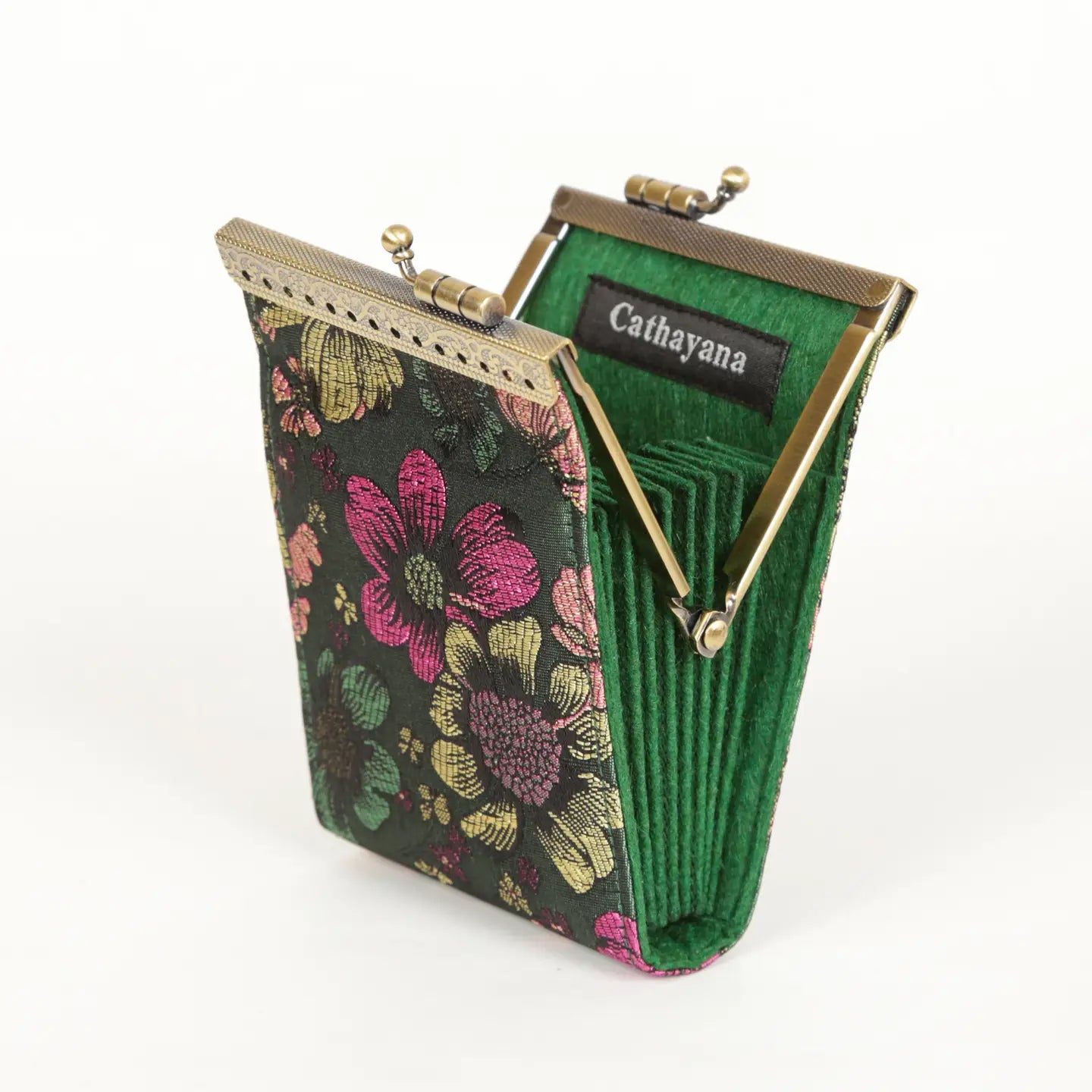 Cathayana CHR-37 Green & Pink Floral Brocade Credit Card Wallet With RFID Protection
