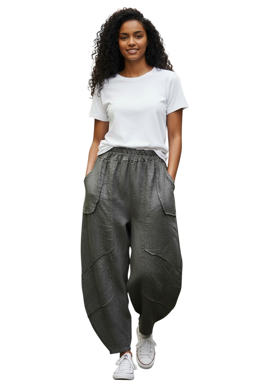 Saga 30220CH CHARCOAL 100% Linen One Size Genie Raw Edge Stitch Pants