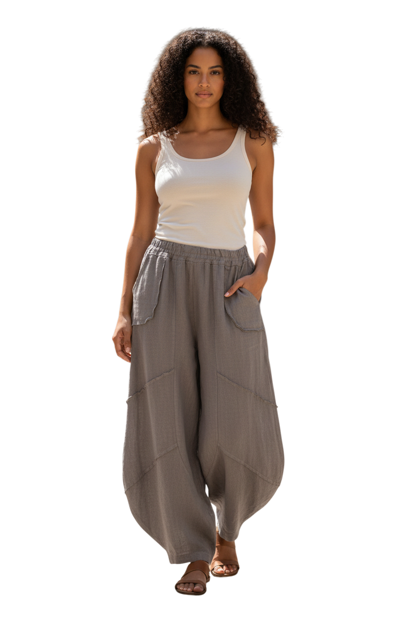 Saga 30220TP TAUPE 100% Linen One Size Genie Raw Edge Stitch Pants