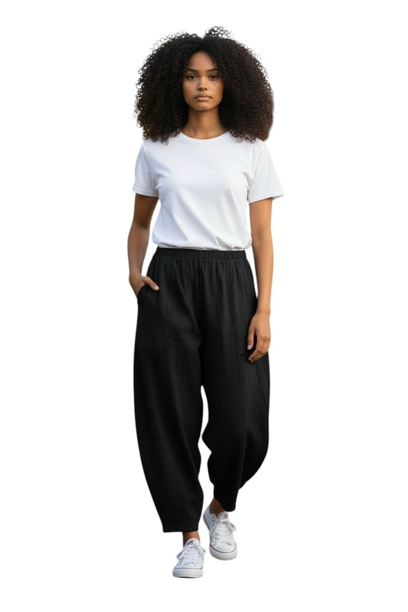 Saga 31063BK BLACK 100% Linen One Size Diagonal Tape Accent Pocket Pants