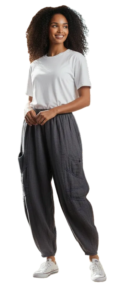 Saga 31063NV NAVY 100% Linen One Size Diagonal Tape Accent Pocket Pants