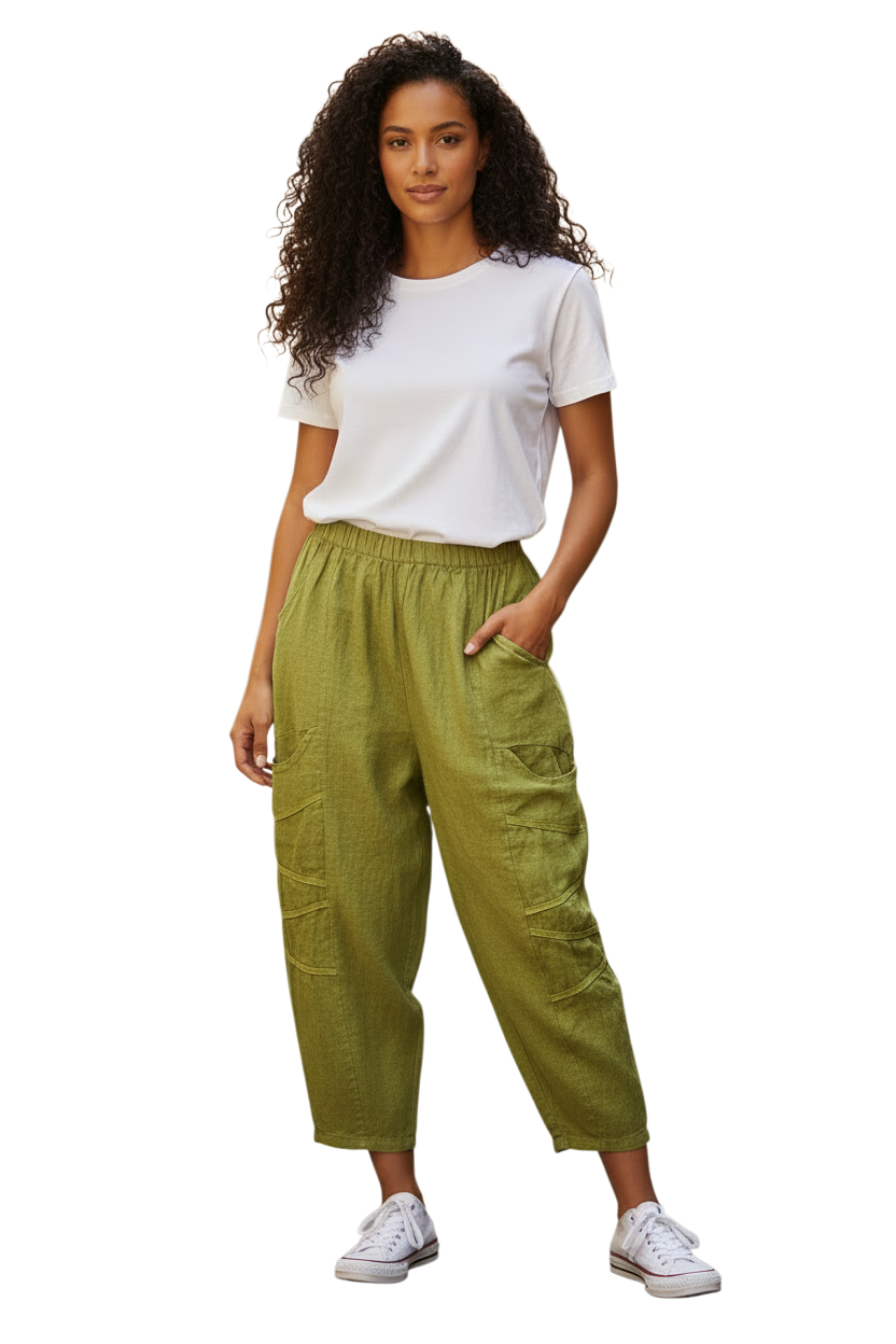 Saga 31063KI KIWI 100% Linen One Size Diagonal Tape Accent Pocket Pants