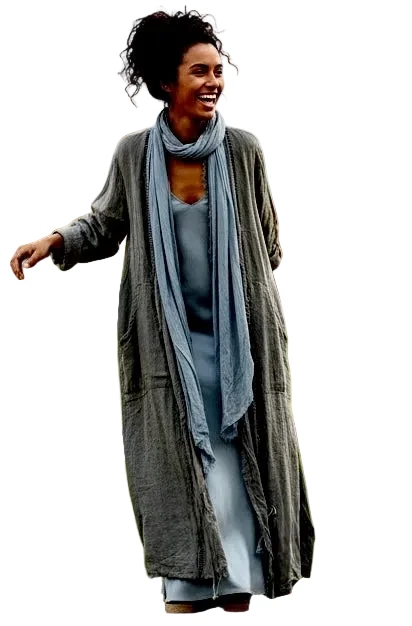 Dance In Paris 11108CH CHARCOAL One Size Italian Linen Duster With Silk Frayed Edges