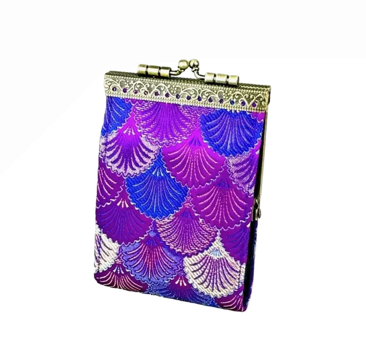 Cathayana CHR-109 PURPLE & NAVY BLUE Brocade Shells Card Wallet With RFID Protection