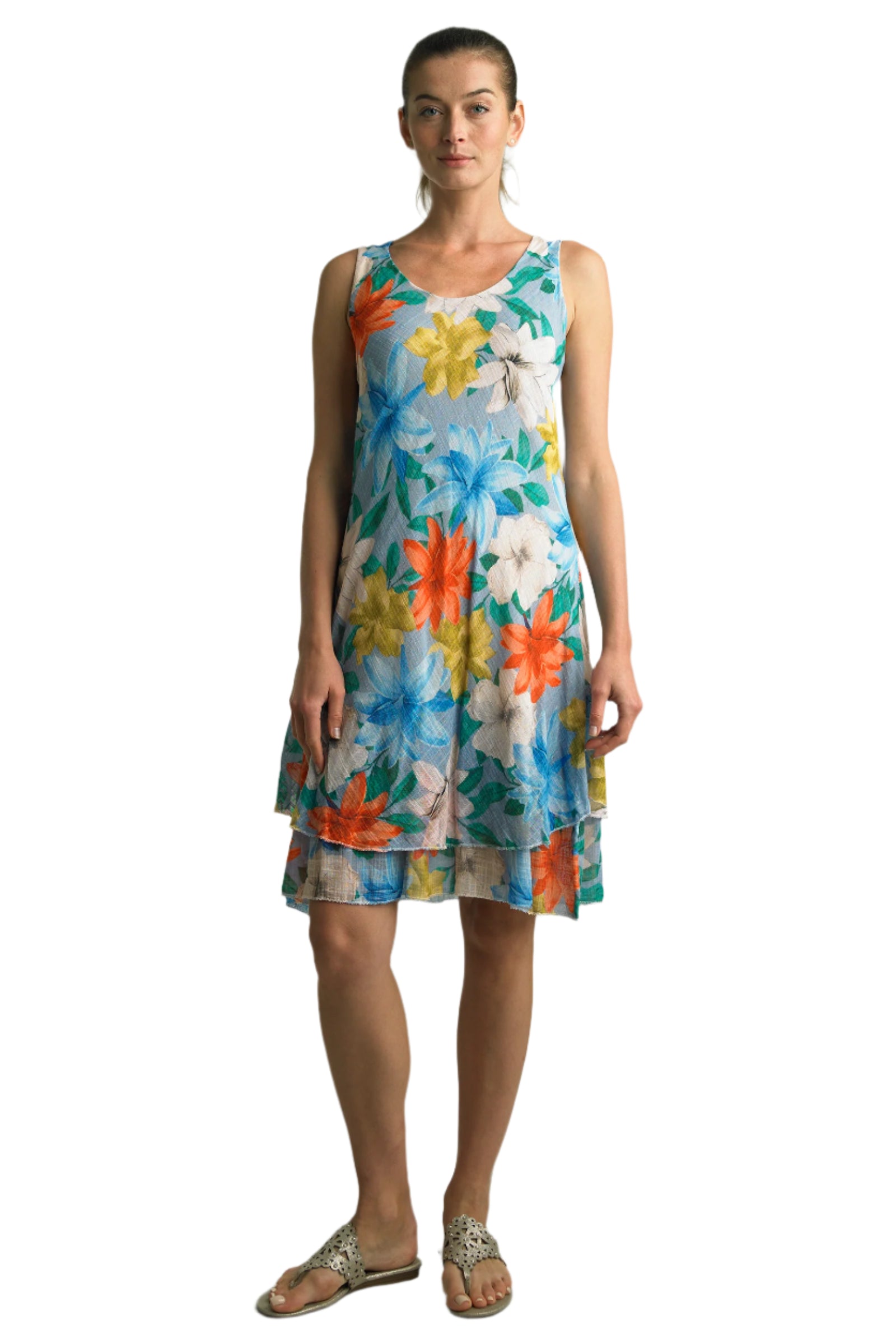 Tempo Paris 3815CB Blue 100% Cotton Gauze Bias Cut Sleeveless Dress