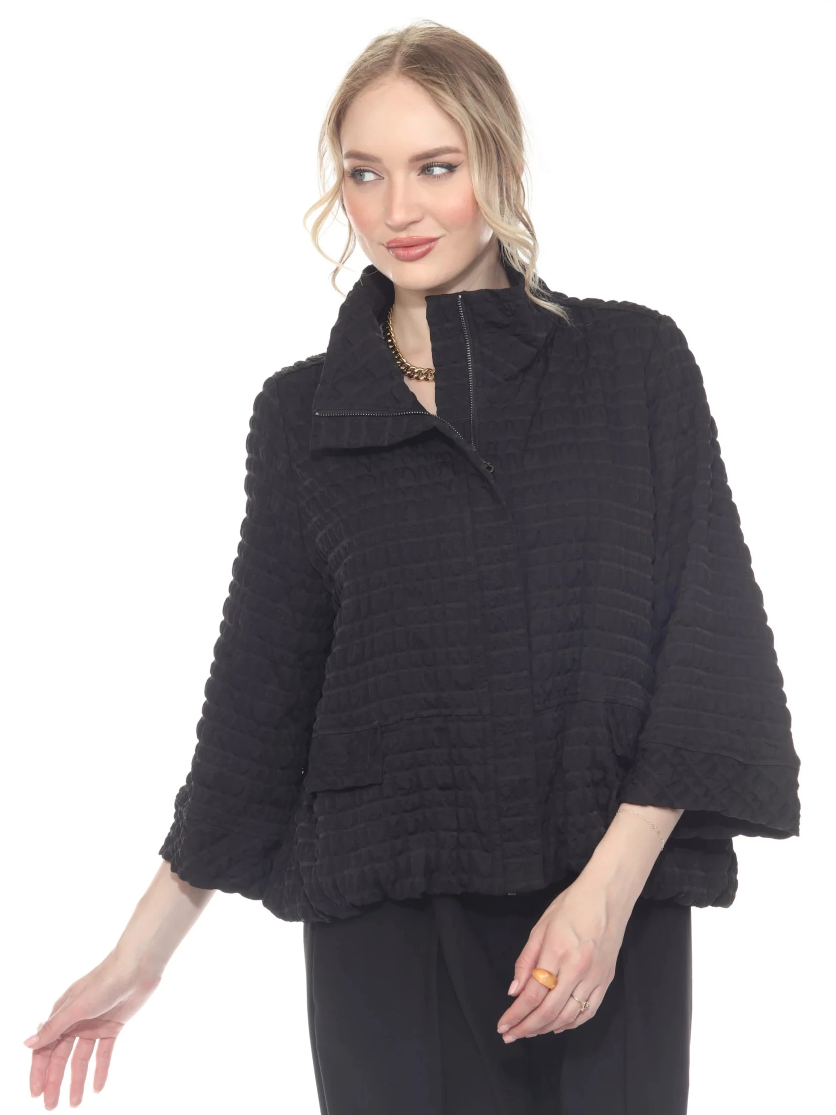 Moonlight 4062BK Black Textured Crinkle Hidden Placket Zip Front Top