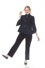 Moonlight 4094BK BLACK Three-Square-Button Mandarin Collar Short Flared Crinkle Jacket