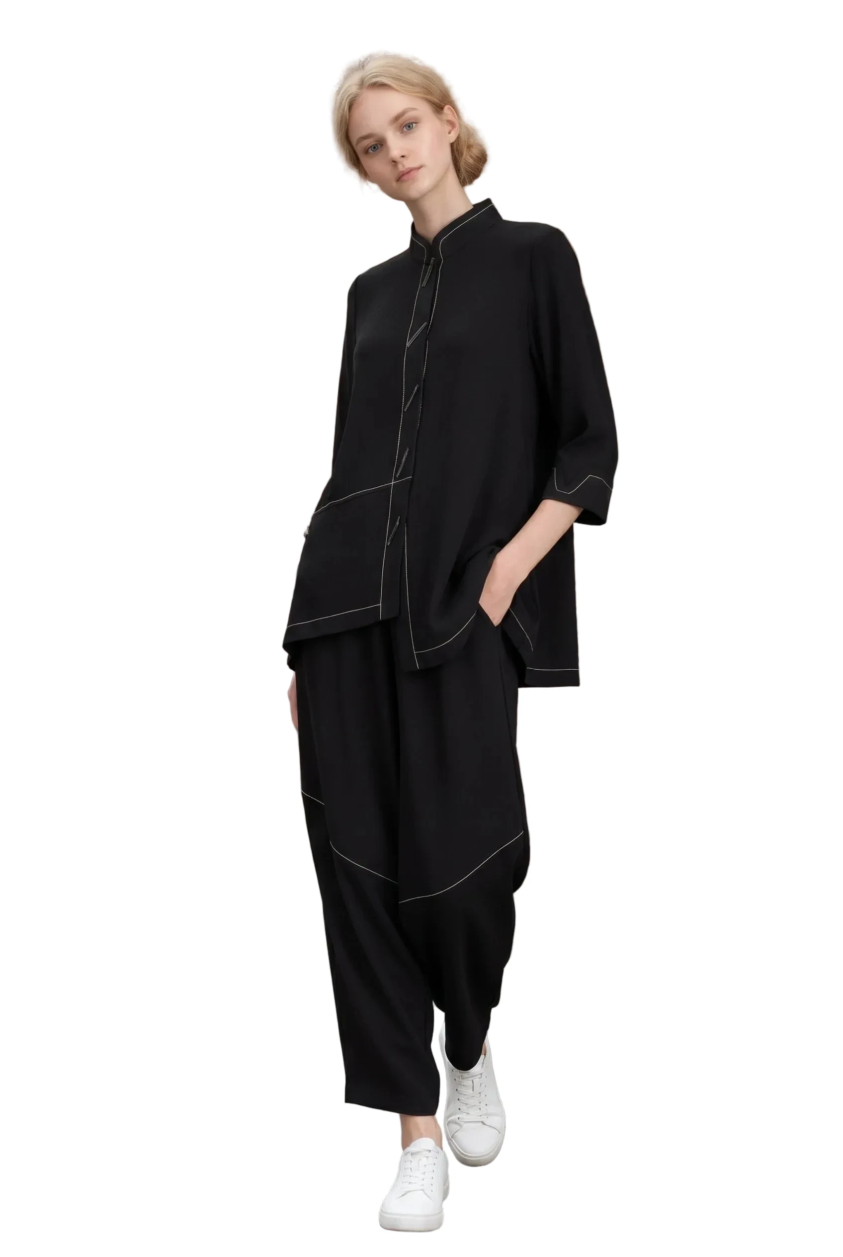 Moonlight 4311BK BLACK Button Front Asymmetric Jacket With White Stitching