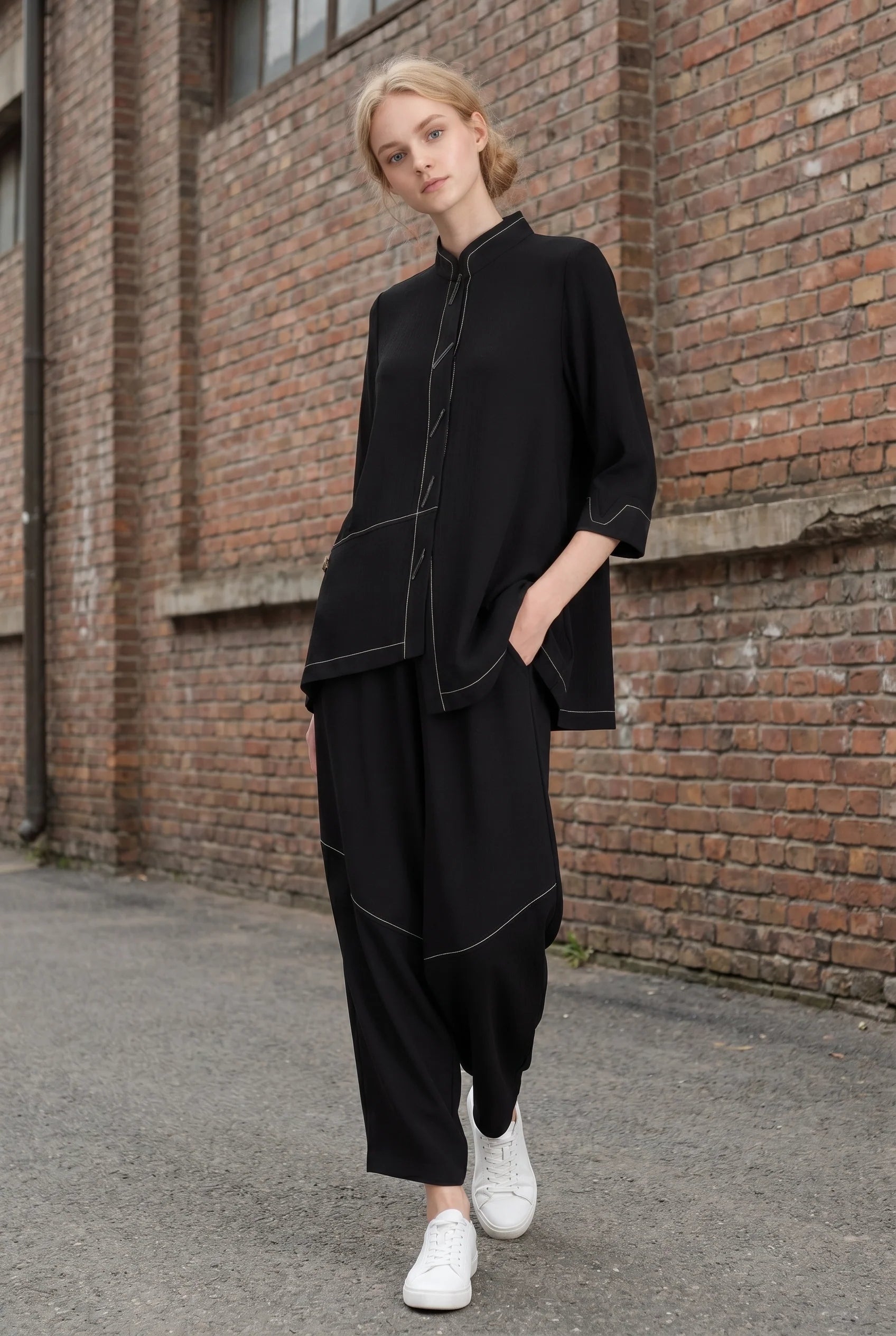 Moonlight P3922NP BLACK Pull-On Lantern Pants With White Contrast Stitching