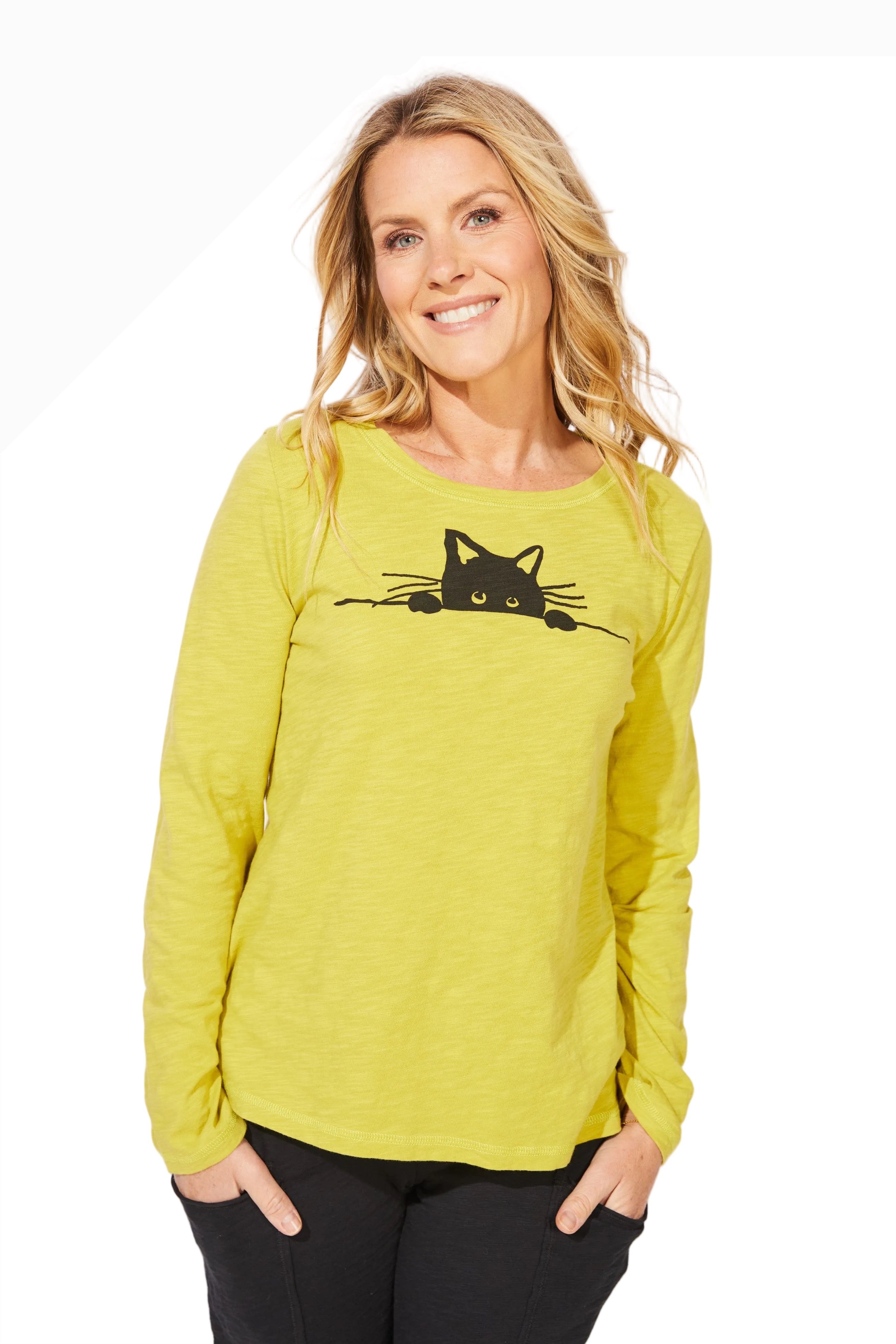 Escape By Habitat 43940CT CITRON Sneaky Cat Long Sleeve Crew T-Shirt