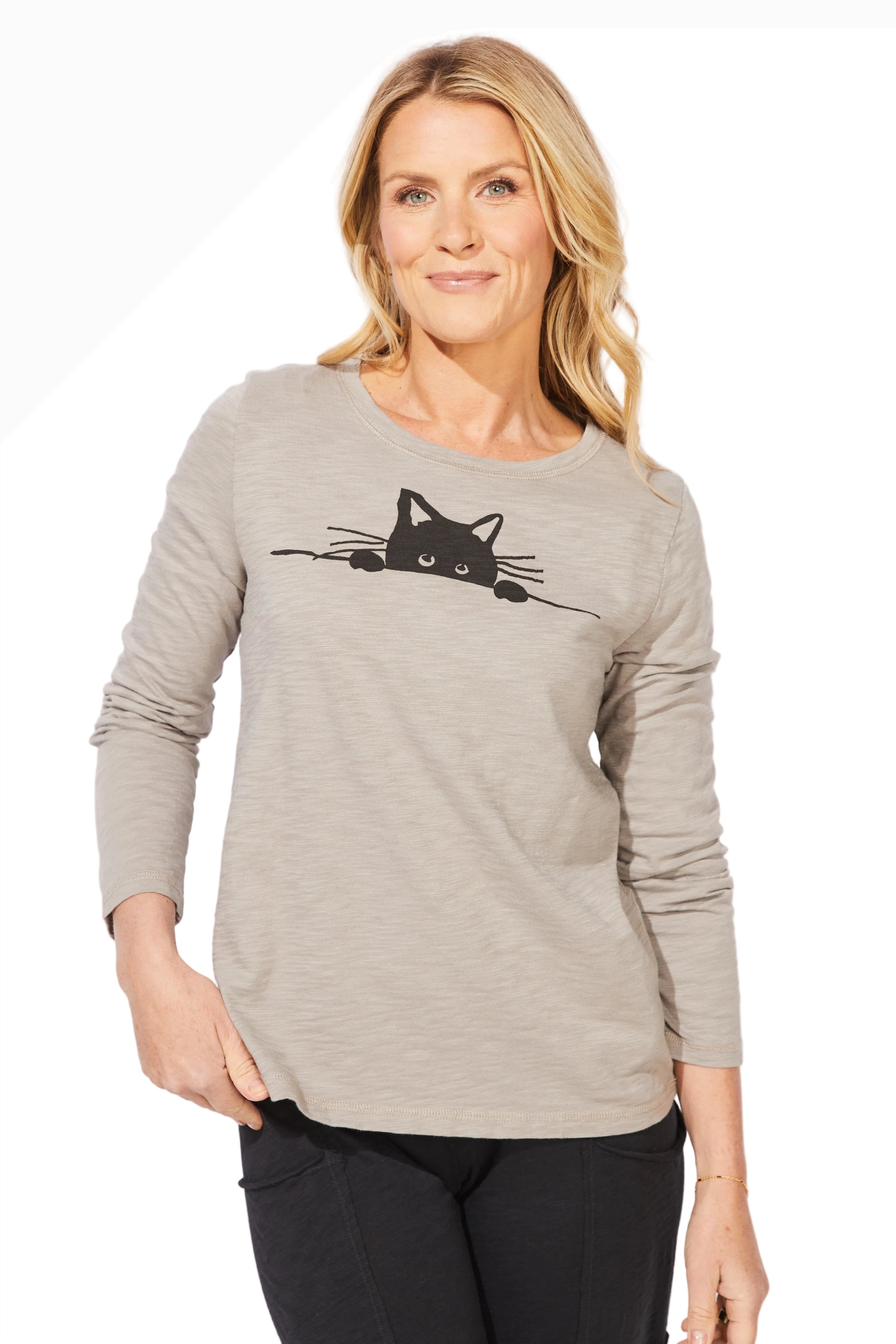 Escape By Habitat 43940FG FOG Sneaky Cat Long Sleeve Crew T-Shirt