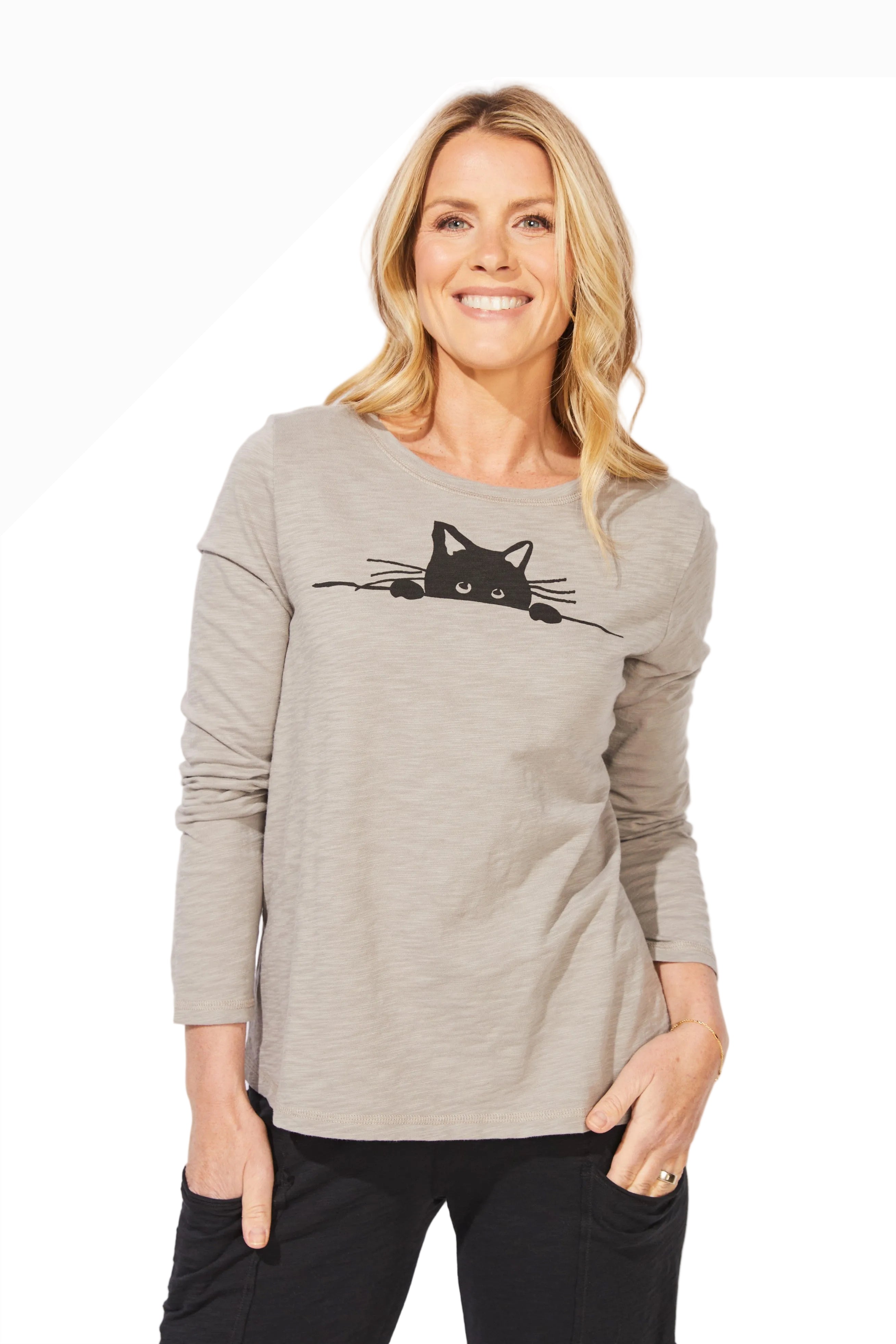 Escape By Habitat 43940FG FOG Sneaky Cat Long Sleeve Crew T-Shirt