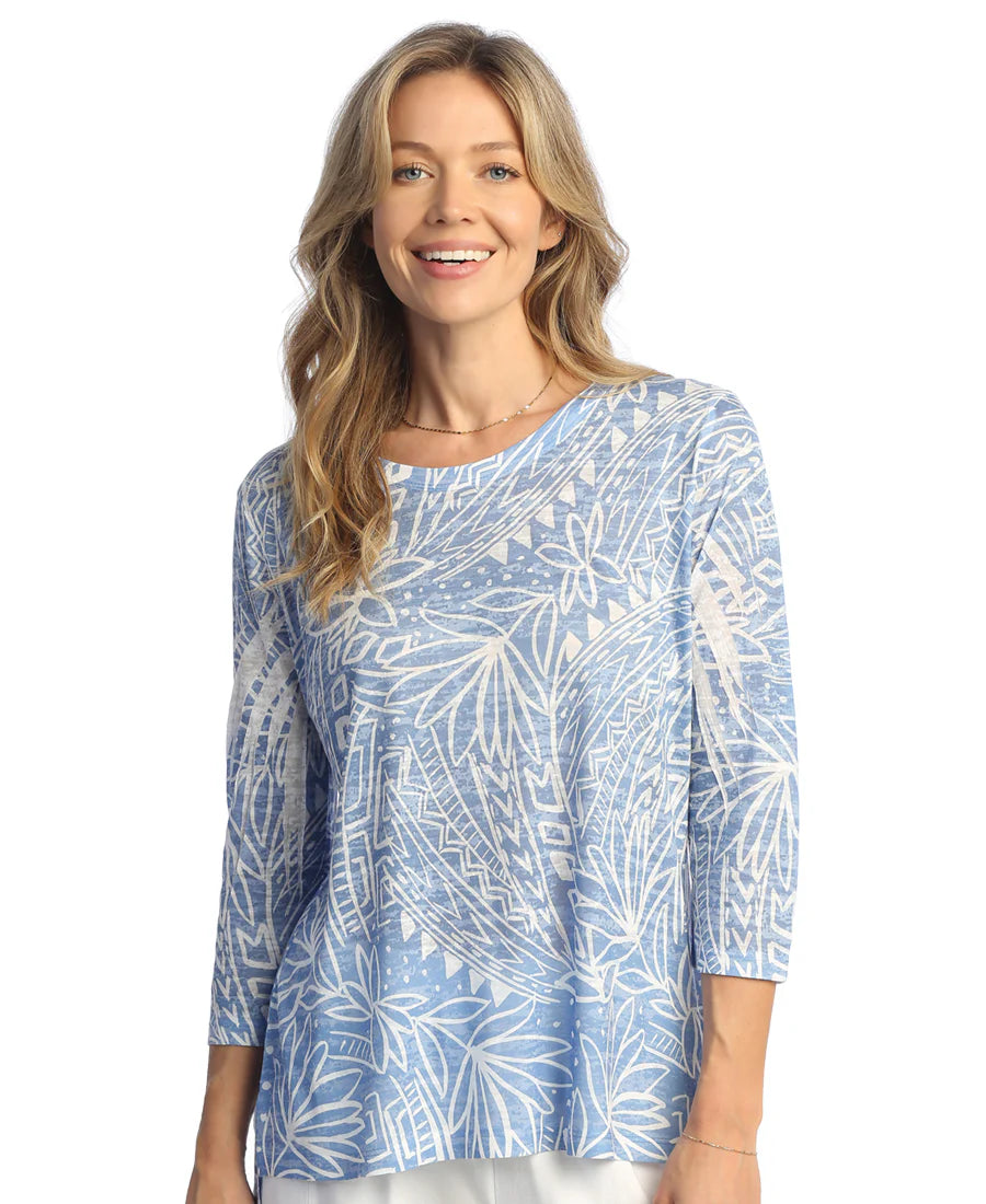 Jess & Jane 441902 TROPIC Floral Sublimation Print Burnout Hi-Lo Tunic Top
