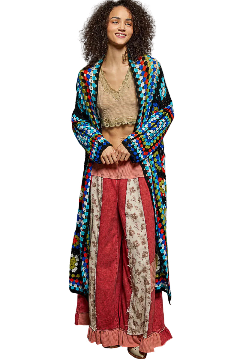 Pol Clothing SMC95 One Size Long Sleeve Multicolor Crochet Cardigan