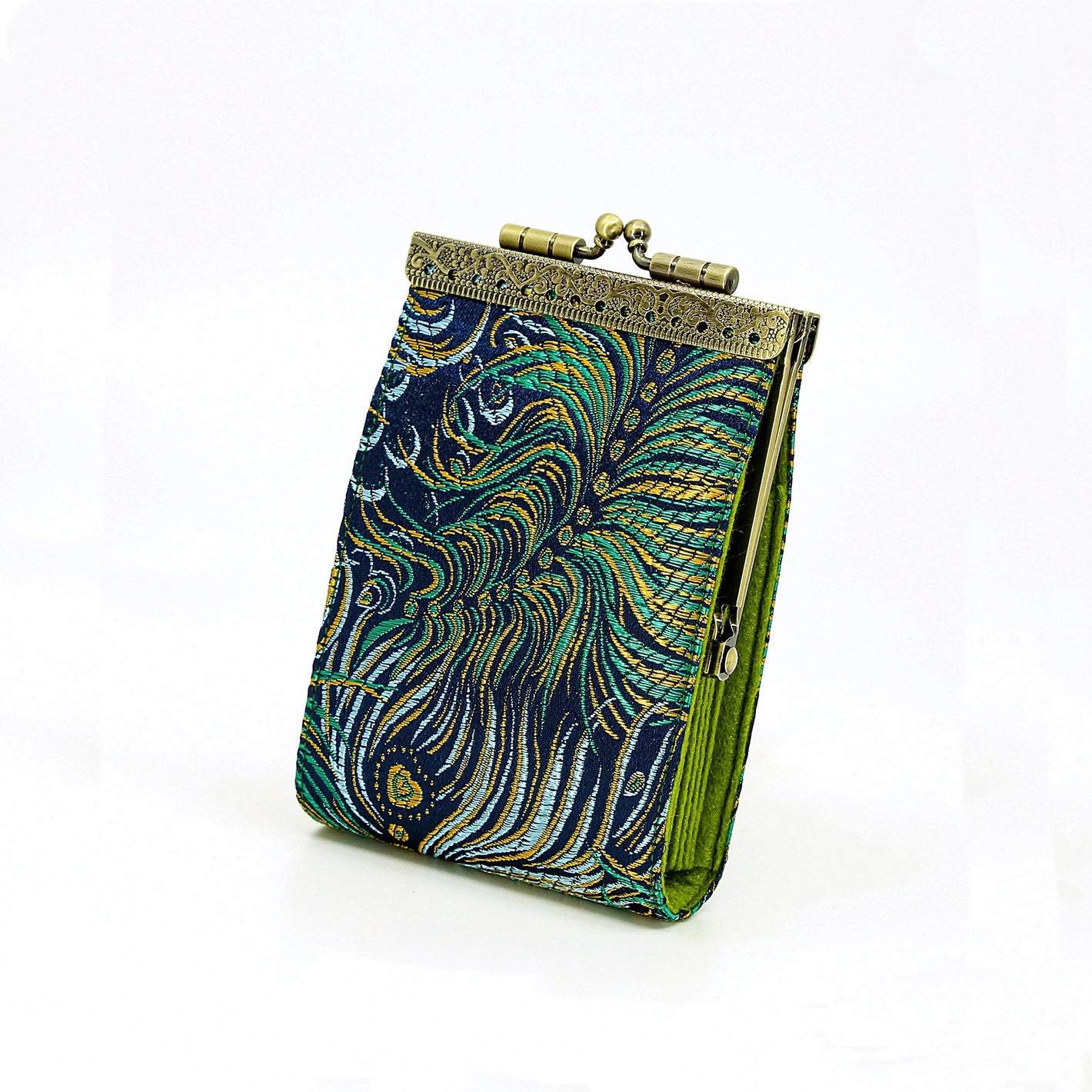 Cathayana CHR-61 Blue and Gold Brocade Peacock RFID Blocking Credit Card Holder/Case/Wallet