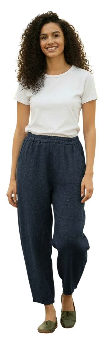 Saga 5328PN NAVY One Size 100% Linen Pull-On Criss Cross Dart Pants