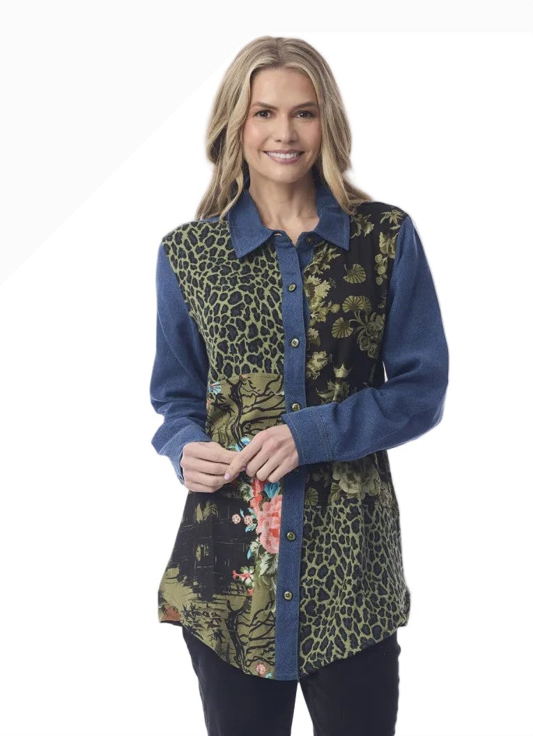 Orientique 62808 Keqioa Floral Jungle Print Long Button Front Patchwork Shirt