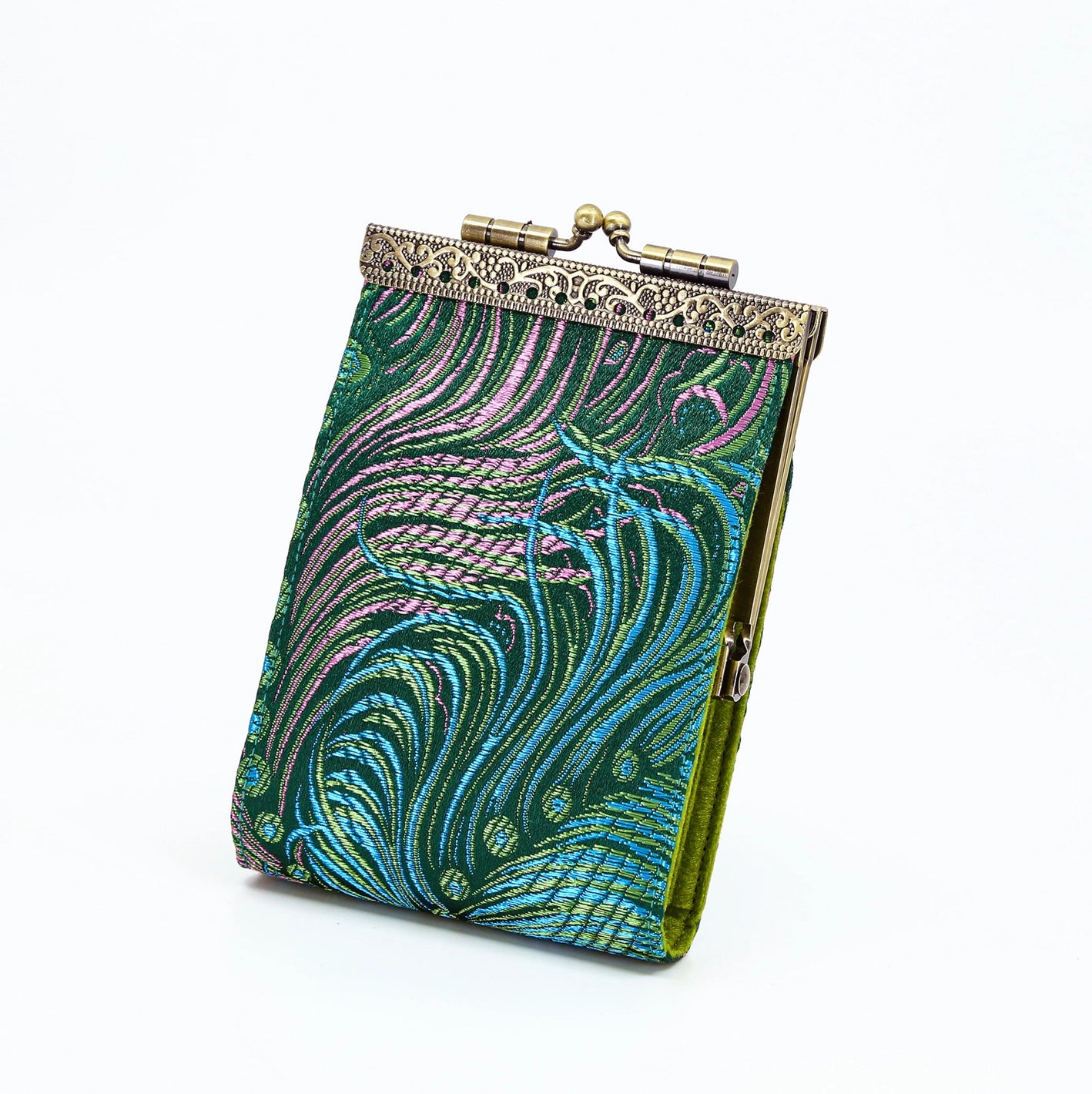 Cathayana CHR-62 Teal and Pink Brocade Peacock RFID Blocking Credit Card Holder/Case/Wallet