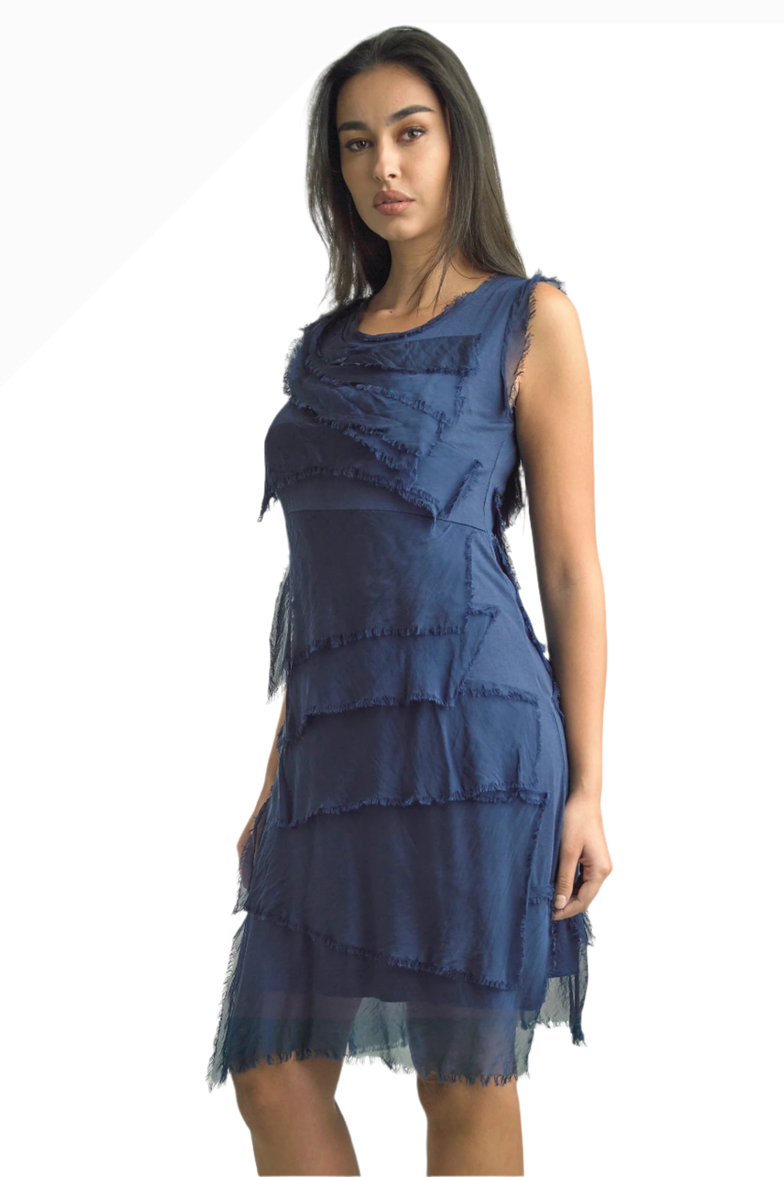 Tempo Paris 6206JLN Navy 100% Silk Tiered Dress