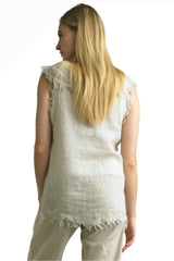 Tempo Paris 6773AT Beige 100% Washed Linen Handkerchief Layered Frayed Edge Sleeveless Top