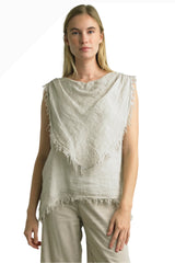 Tempo Paris 6773AT Beige 100% Washed Linen Handkerchief Layered Frayed Edge Sleeveless Top