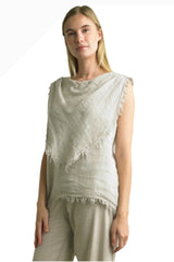 Tempo Paris 6773AT Beige 100% Washed Linen Handkerchief Layered Frayed Edge Sleeveless Top