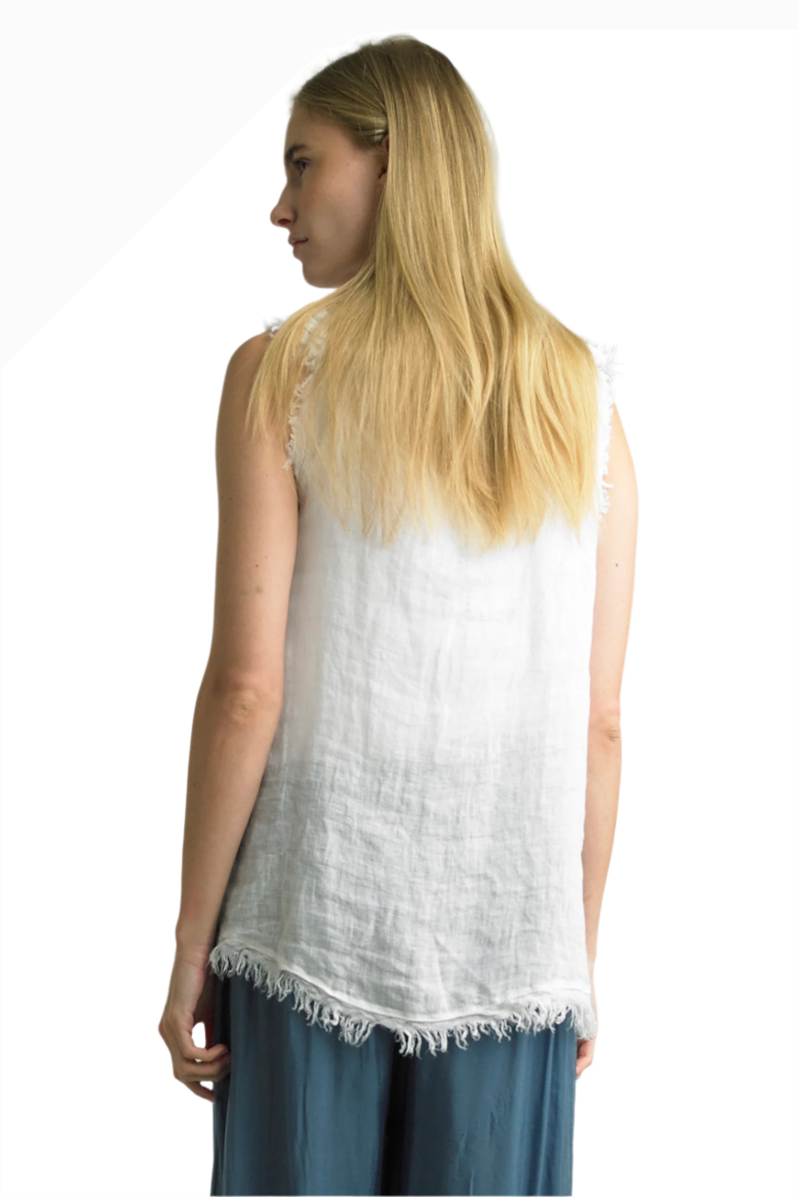 Tempo Paris 6773AW White 100% Washed Linen Handkerchief Layered Frayed Edge Sleeveless Top