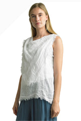 Tempo Paris 6773AW White 100% Washed Linen Handkerchief Layered Frayed Edge Sleeveless Top