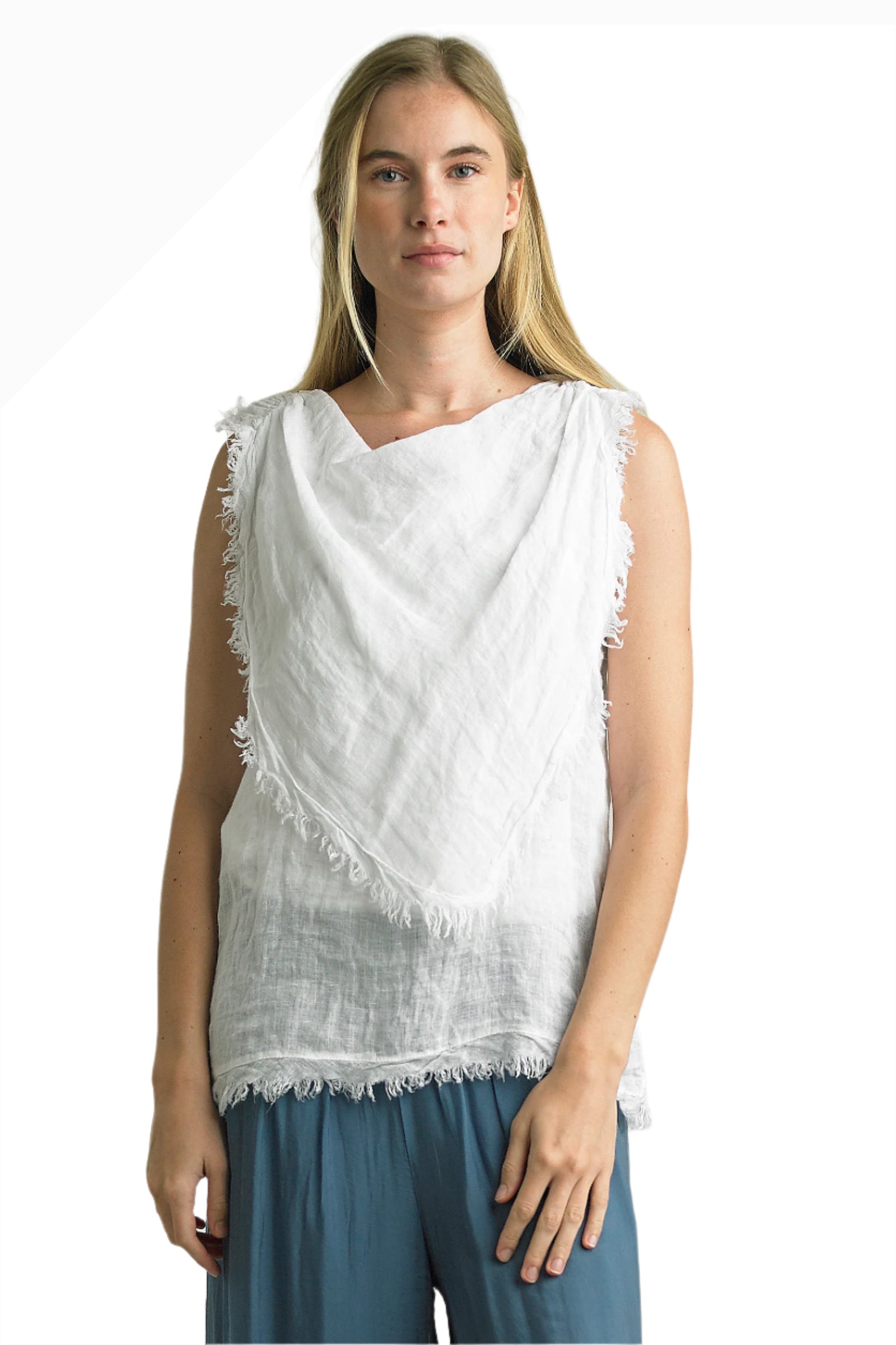 Tempo Paris 6773AW White 100% Washed Linen Handkerchief Layered Frayed Edge Sleeveless Top